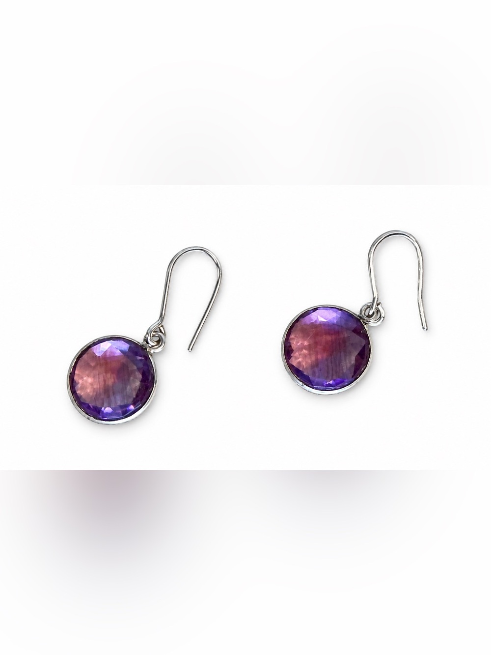 Sterling Silver Round Purple Faceted Drop Earrings. Amethyst Stone.